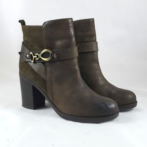 GEOX Respira Leather Ankle Strap Heeled Boots Olive Green Size 10